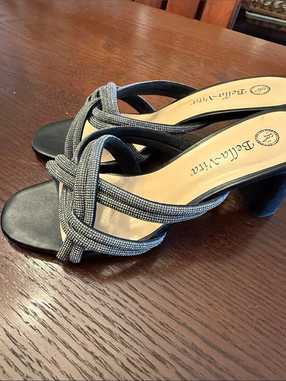 Bella Vita Black Heeled Knot Sandals with Silver Accent Straps